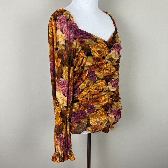 Jane + Delancey Blouse Top Women XL Multicolor Floral Ruched Off Shoulder Sheer - Picture 4 of 13